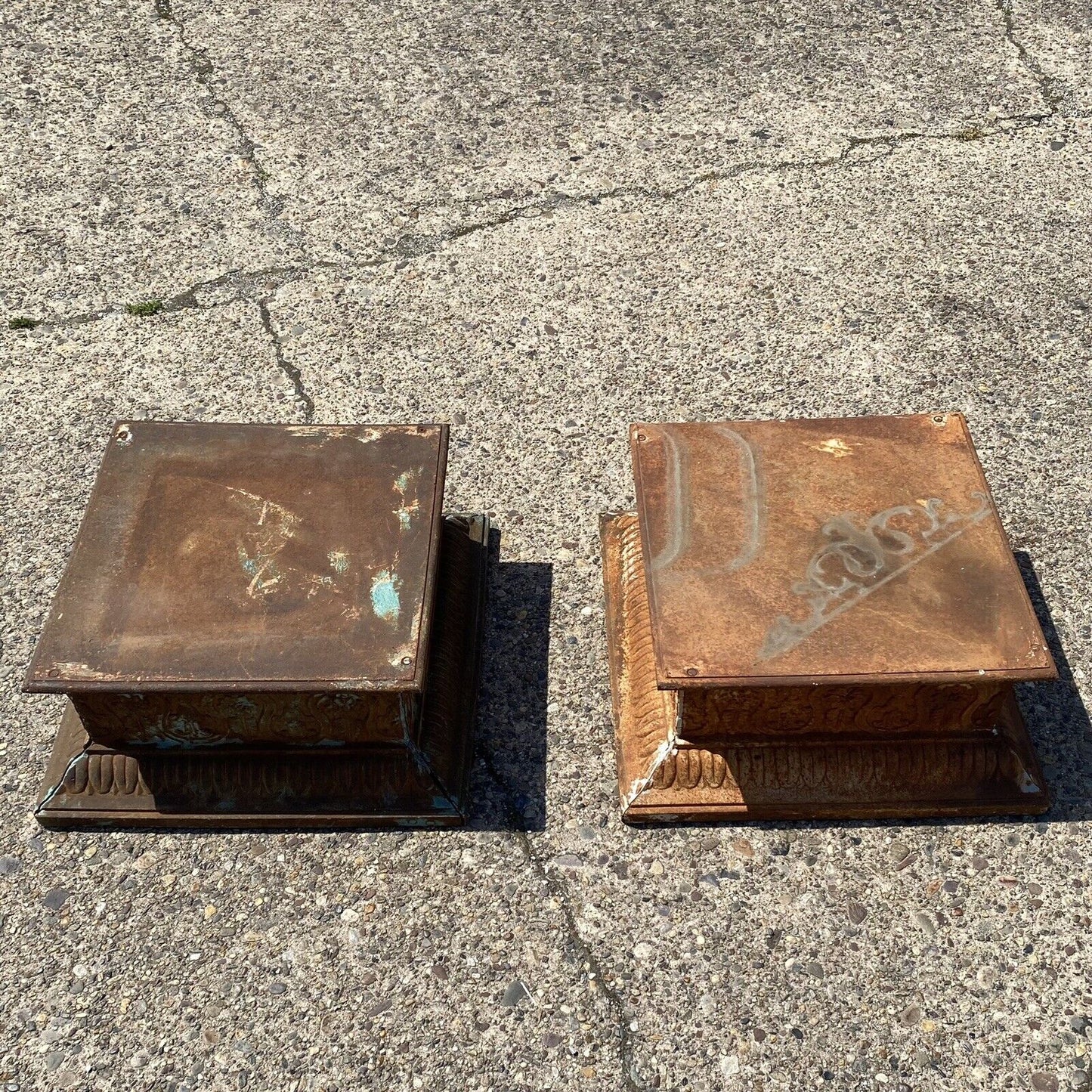 Vintage French Neoclassical Cast Iron Large Square Low Garden Pedestal Base Pair