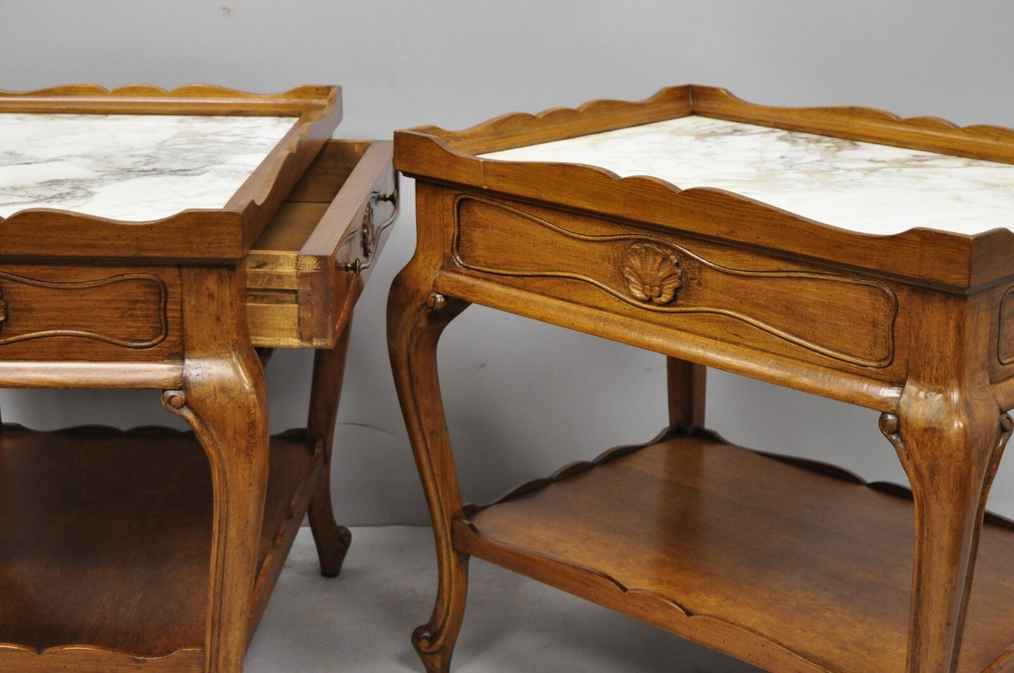 French Country Provincial Style Marble Top Shell Carved Danby End Tables - Pair