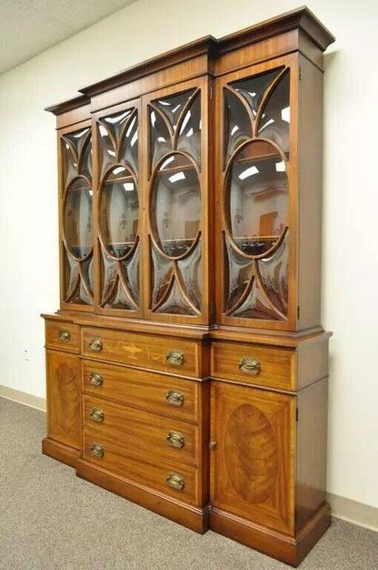 Georgian Style Mahogany Satinwood Inlay Breakfront Bookcase Bubble Glass Cabinet