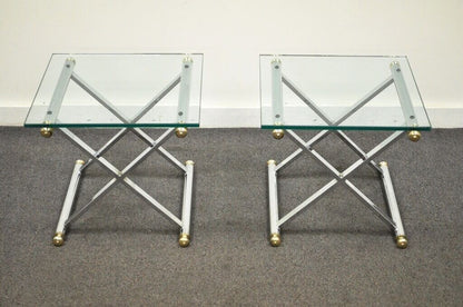 Mid Century Modern Hollywood Regency Chrome Brass Glass X Form Side Table - Pair