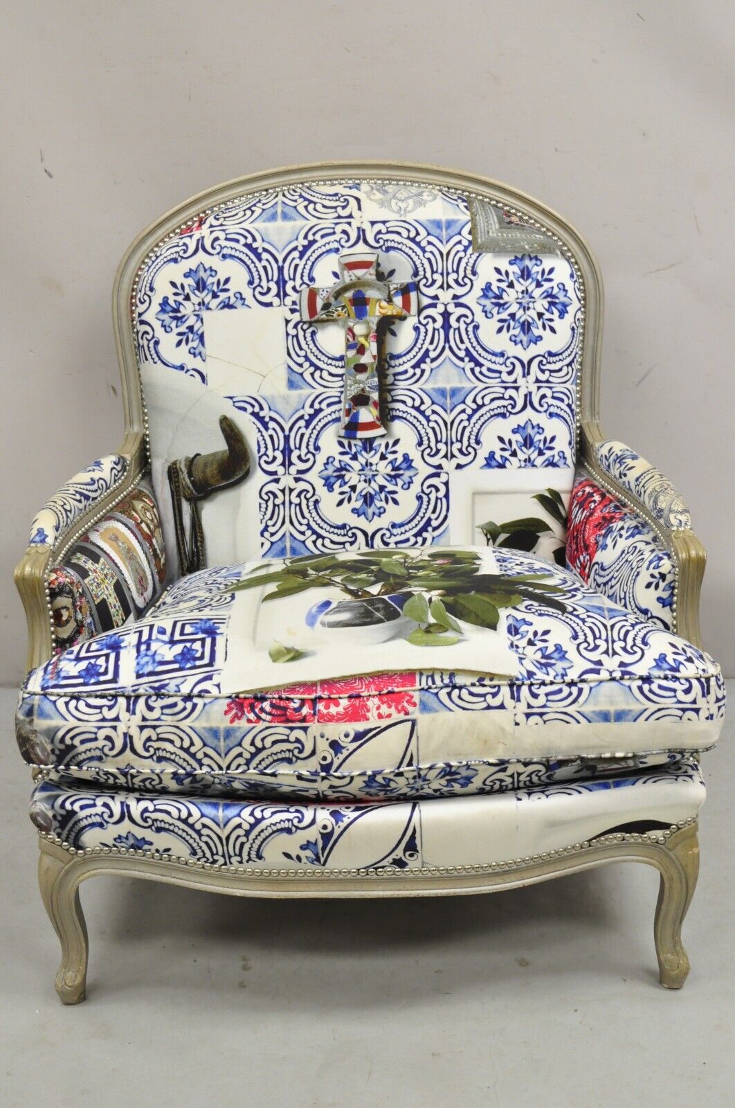 Roche Bobois Mexican Print French Louis XV Style Painted Bergere Arm Chair