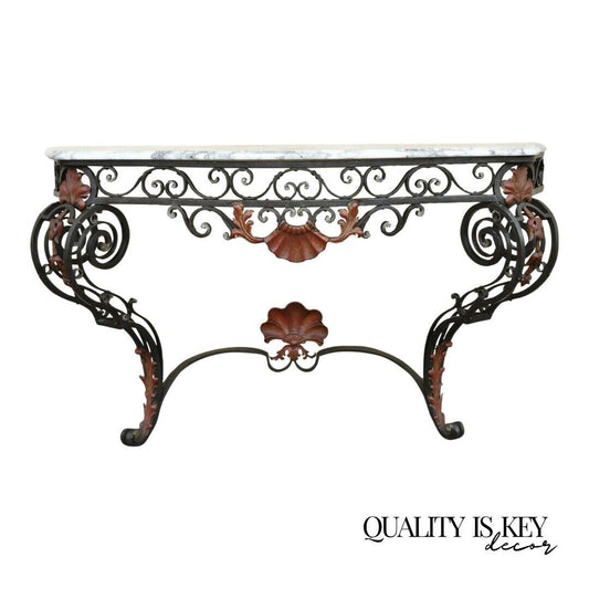 Antique French Art Nouveau Marble Top Wrought Iron Wall Mount Console Hall Table