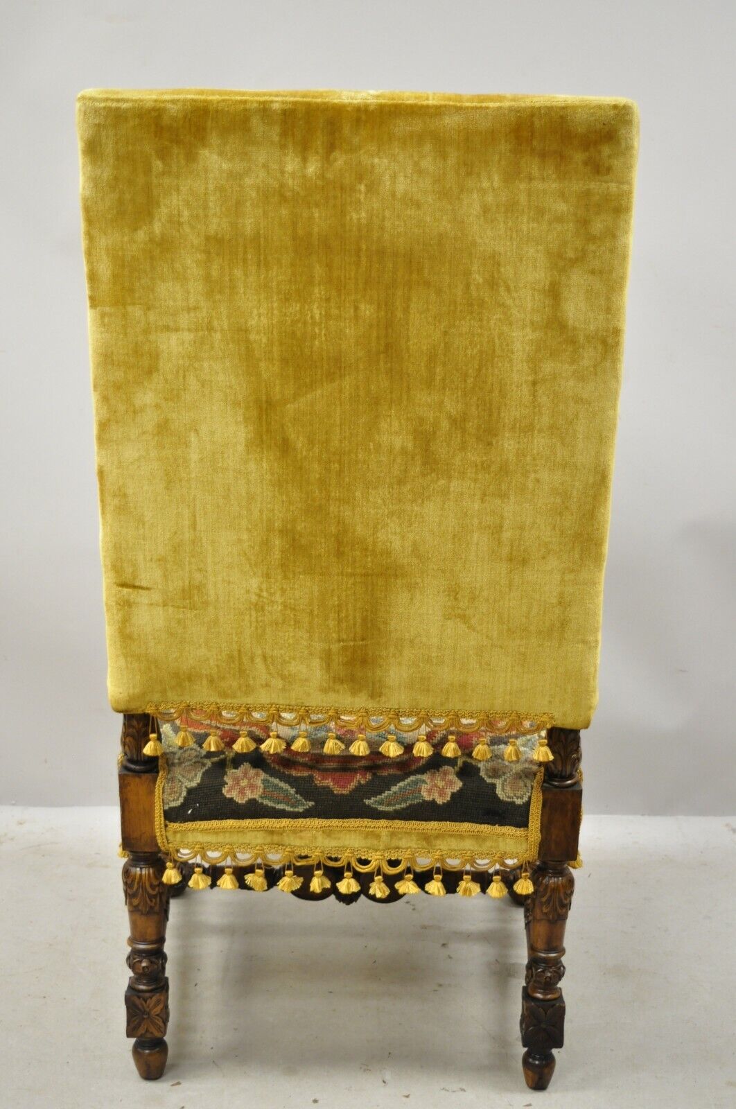 19th C Italian Renaissance Carved Walnut Figural Needlepoint Throne Arm Chair