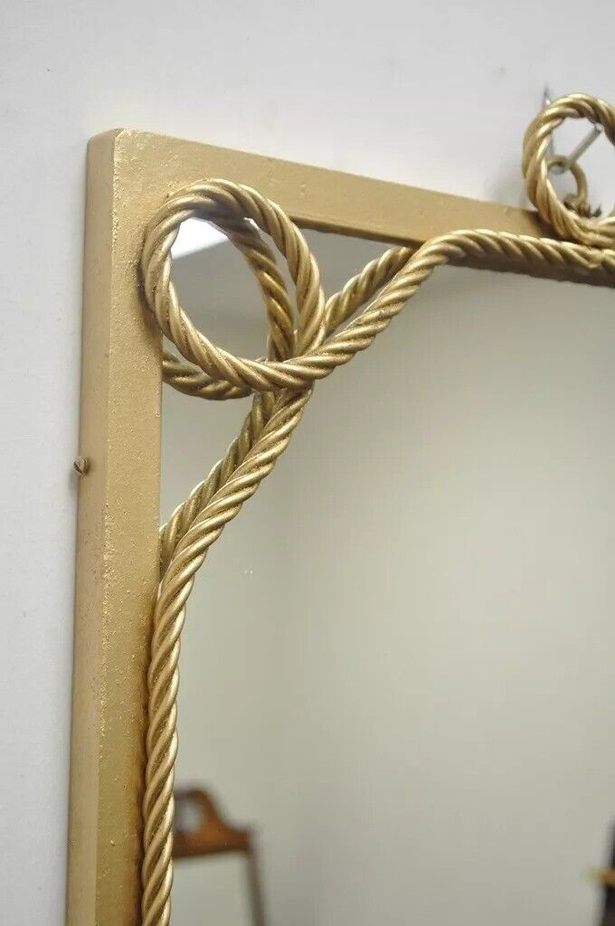 Vintage Italian Hollywood Regency Gold Gilt Iron Rope Tassel Tole Wall Mirror