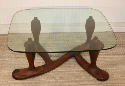 Vintage Mid Century Danish Modern Sculpted Walnut Glass Top Coffee Table