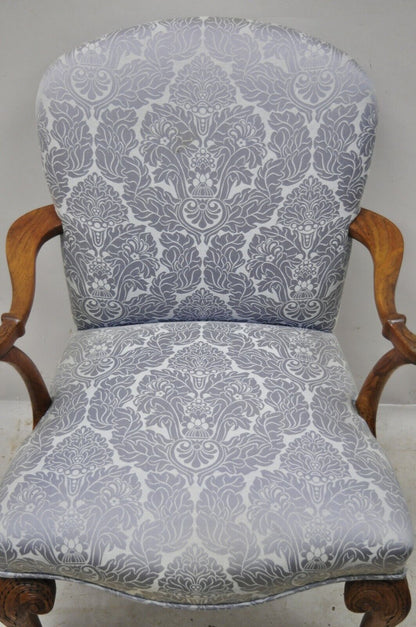 Chippendale Georgian Style Ball & Claw Carved Mahogany Blue Upholstery Arm Chair