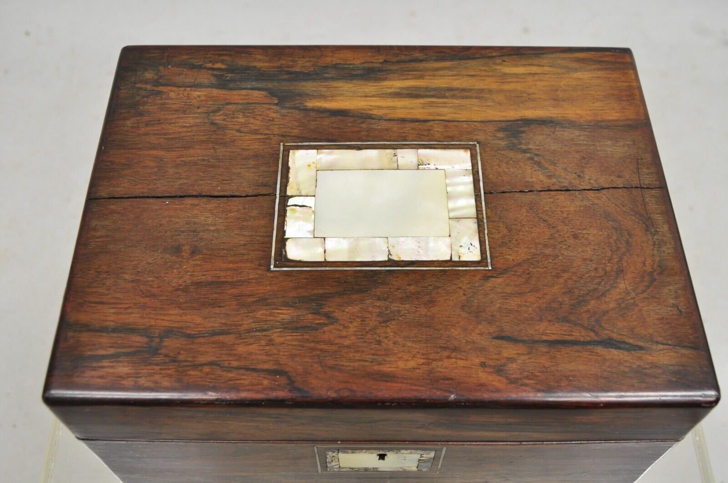Antique English Victorian Rosewood Vanity Jewelry Box with Mother of Pearl Inlay
