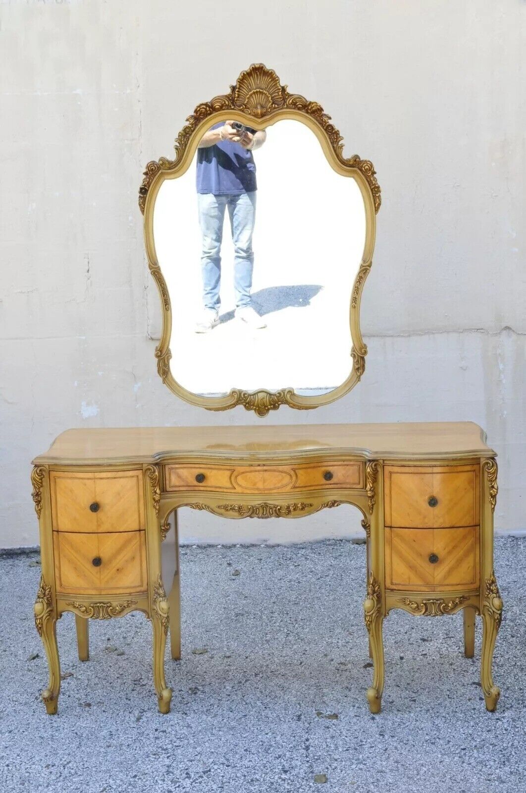 Antique French Louis XV Satinwood Bedroom Set Dresser Vanity Mirror - 9 Pc Set