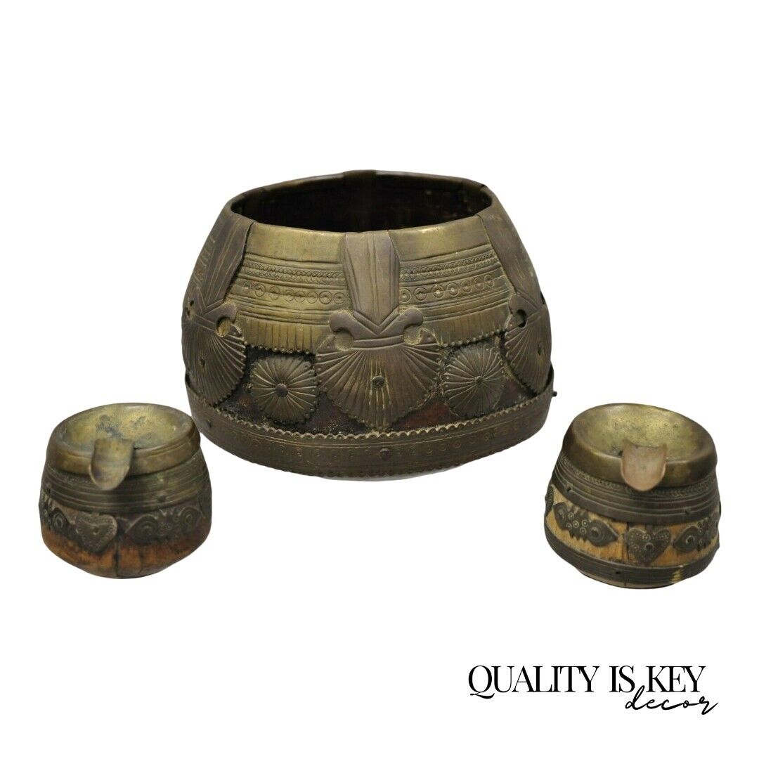 19th C. Antique Indian Brass and Wood Smoking Tobacco Jar Box Ashtray Set - 3 Pc