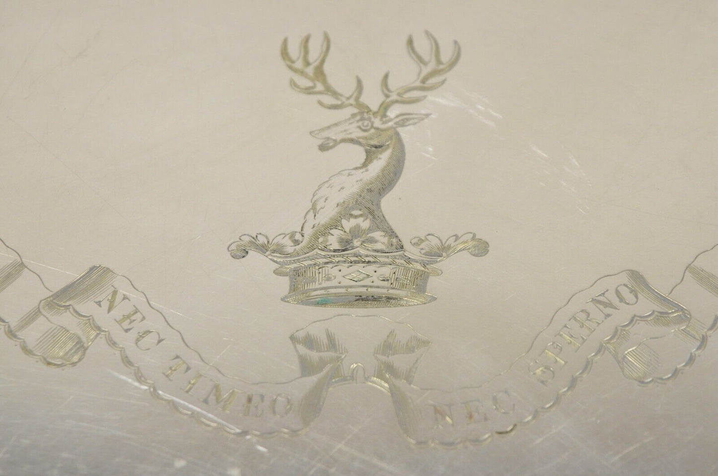Antique English Victorian Horned Deer Oval Platter Tray " Nec Timeo Nec Sperno"