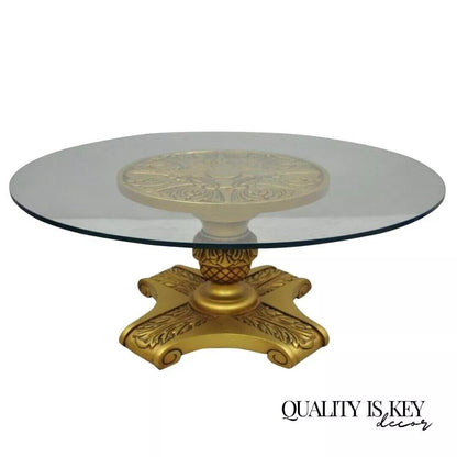 Vintage Hollywood Regency Gold Wooden Pedestal Base Round Glass Top Coffee Table