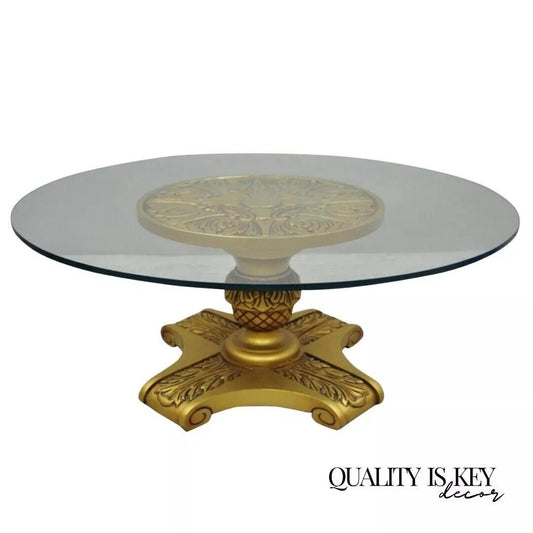 Vintage Hollywood Regency Gold Wooden Pedestal Base Round Glass Top Coffee Table