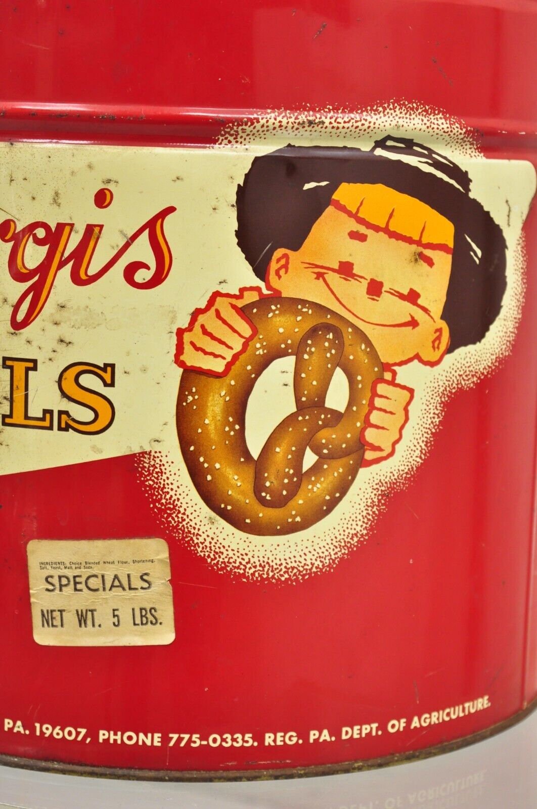 Vintage Tom Sturgis Pretzels Large Tin Metal Red Advertising Can