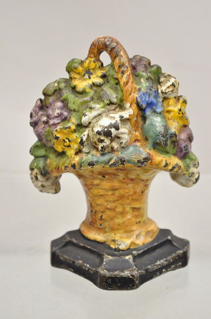 Antique Victorian Cast Iron Figural Floral Bouquet Basket Painted Door Stop