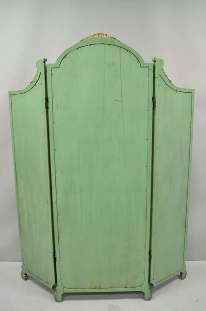 Antique French Louis XV Green Gold 3 Panel Folding Dressing Vanity Screen Mirror