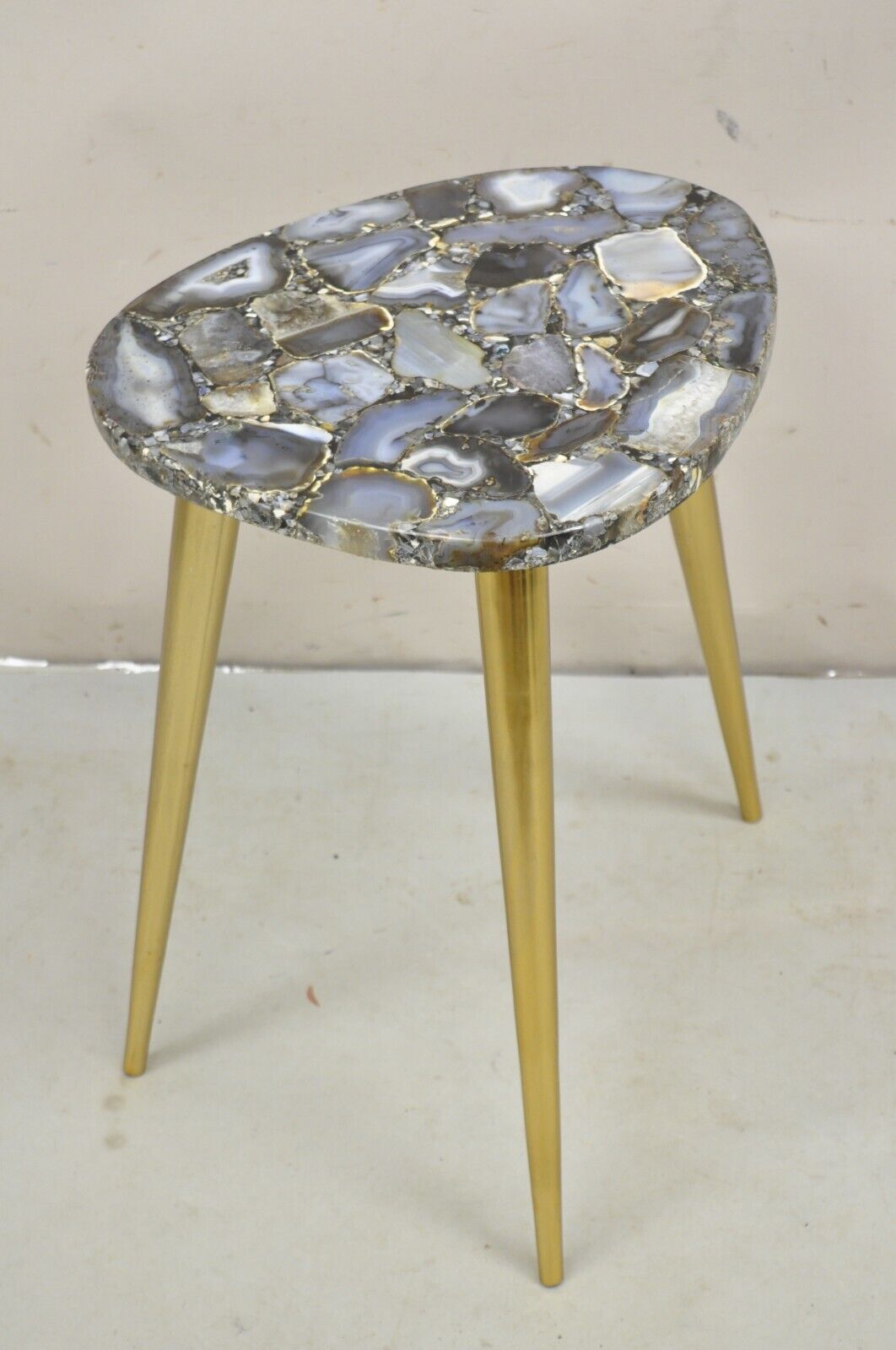 Modern Blue Agate Specimen Stone Side Table w/ Brass Tapered Legs Made in India