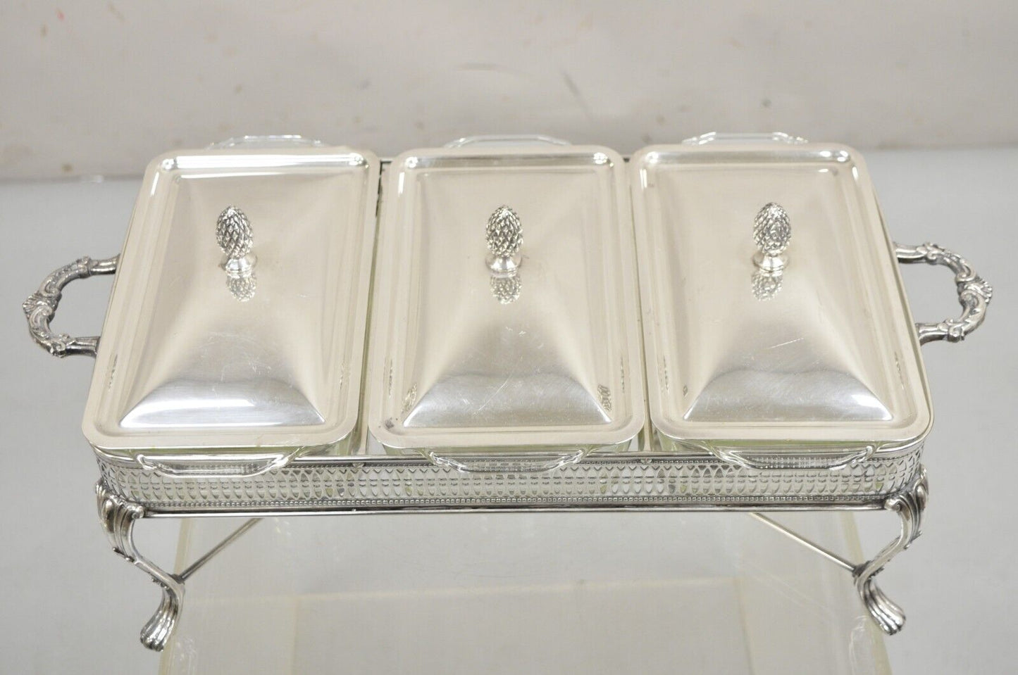 Vintage Sheffield Silver Co Silver Plated 3 Burner Warming Triple Chafing Dish