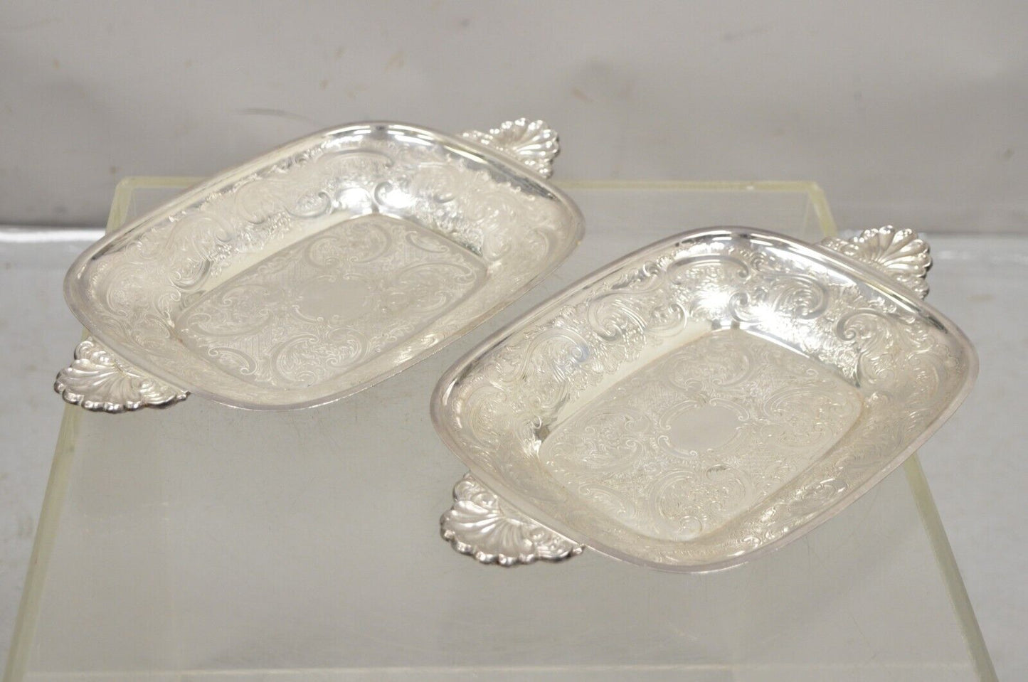 Barker Ellis England EPCA Silver Plated Shell Handle Etched Candy Dish - a Pair