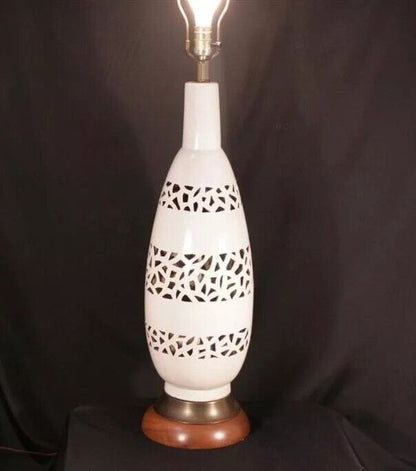 Vintage Mid Century Modern Glazed Pottery Ceramic White Fretwork Table Lamp