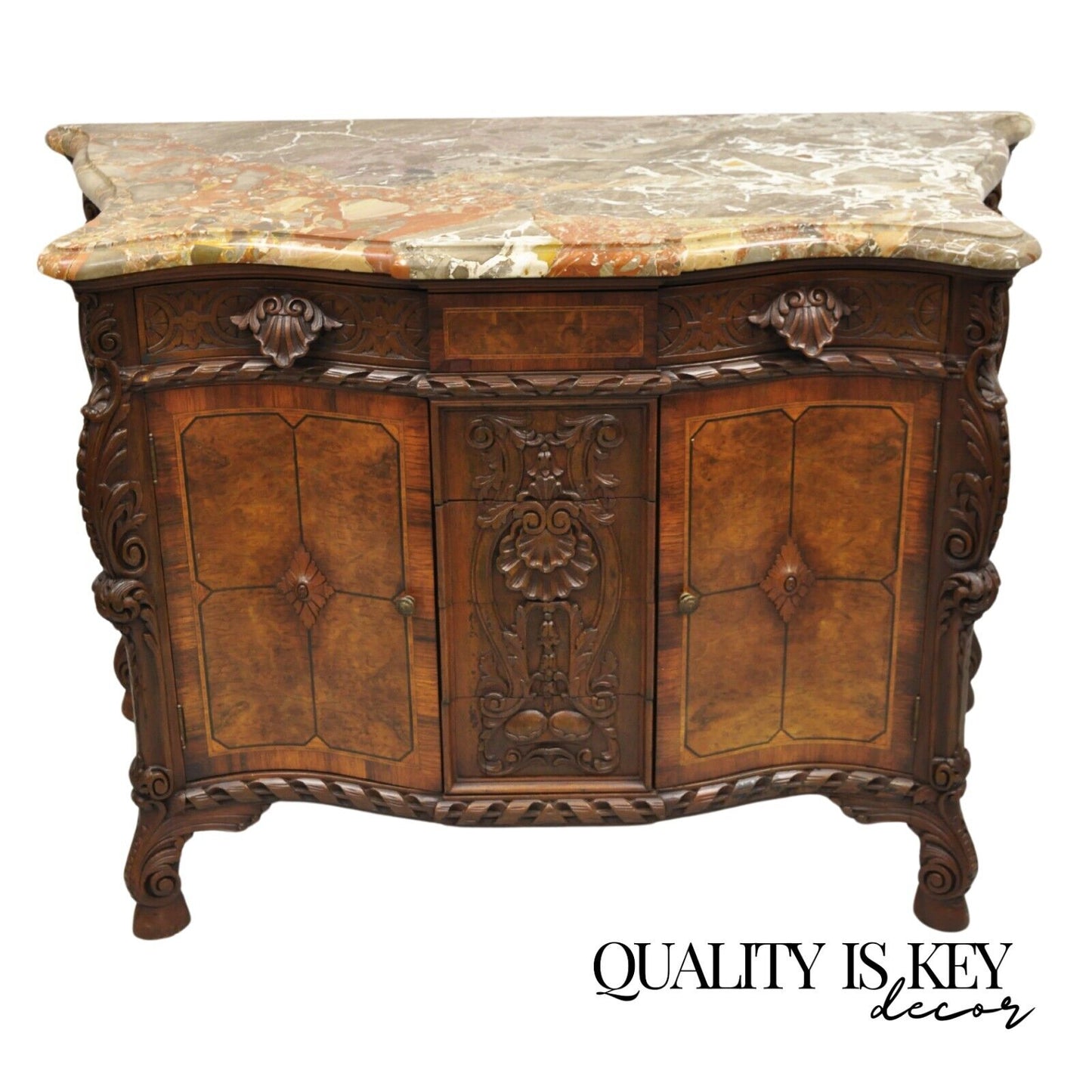 French Louis XV Baroque Style Carved Burl Walnut Rouge Marble Top Commode Server