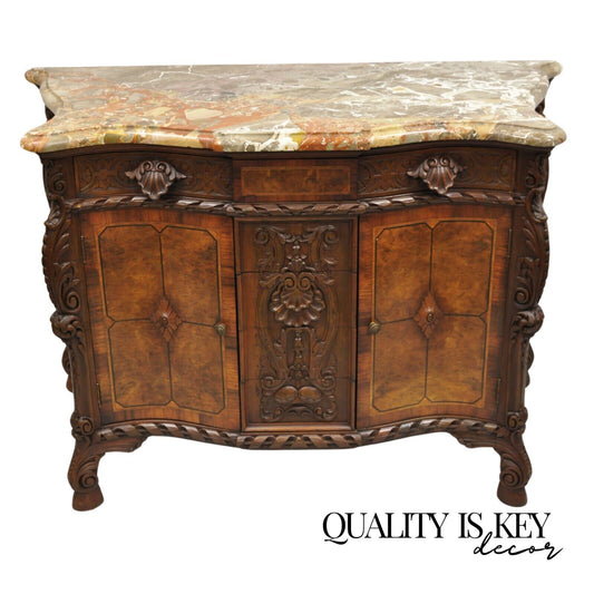 French Louis XV Baroque Style Carved Burl Walnut Rouge Marble Top Commode Server