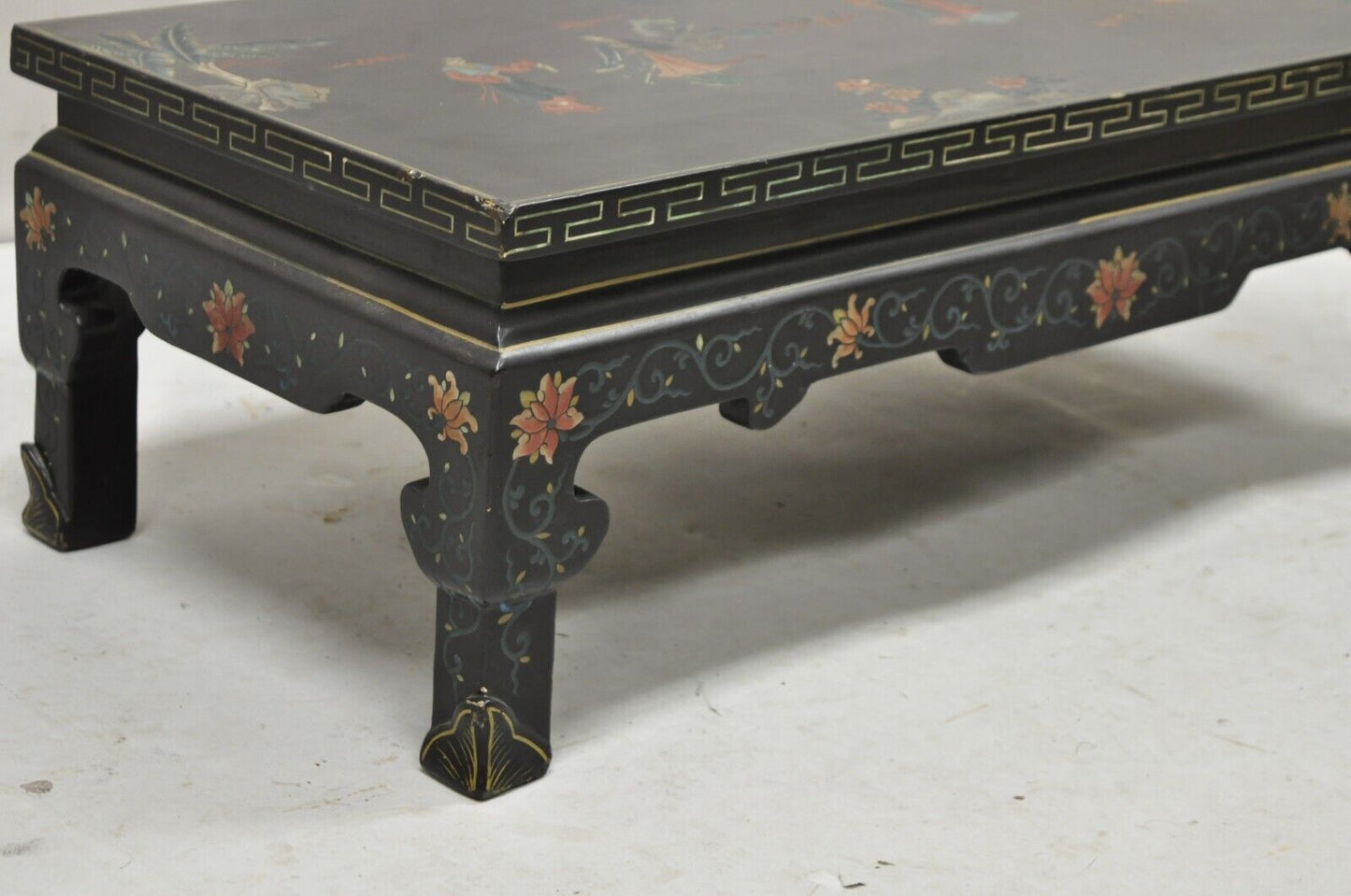 Vintage Chinese Oriental Black Lacquer Hand Painted Low Asian Side Table