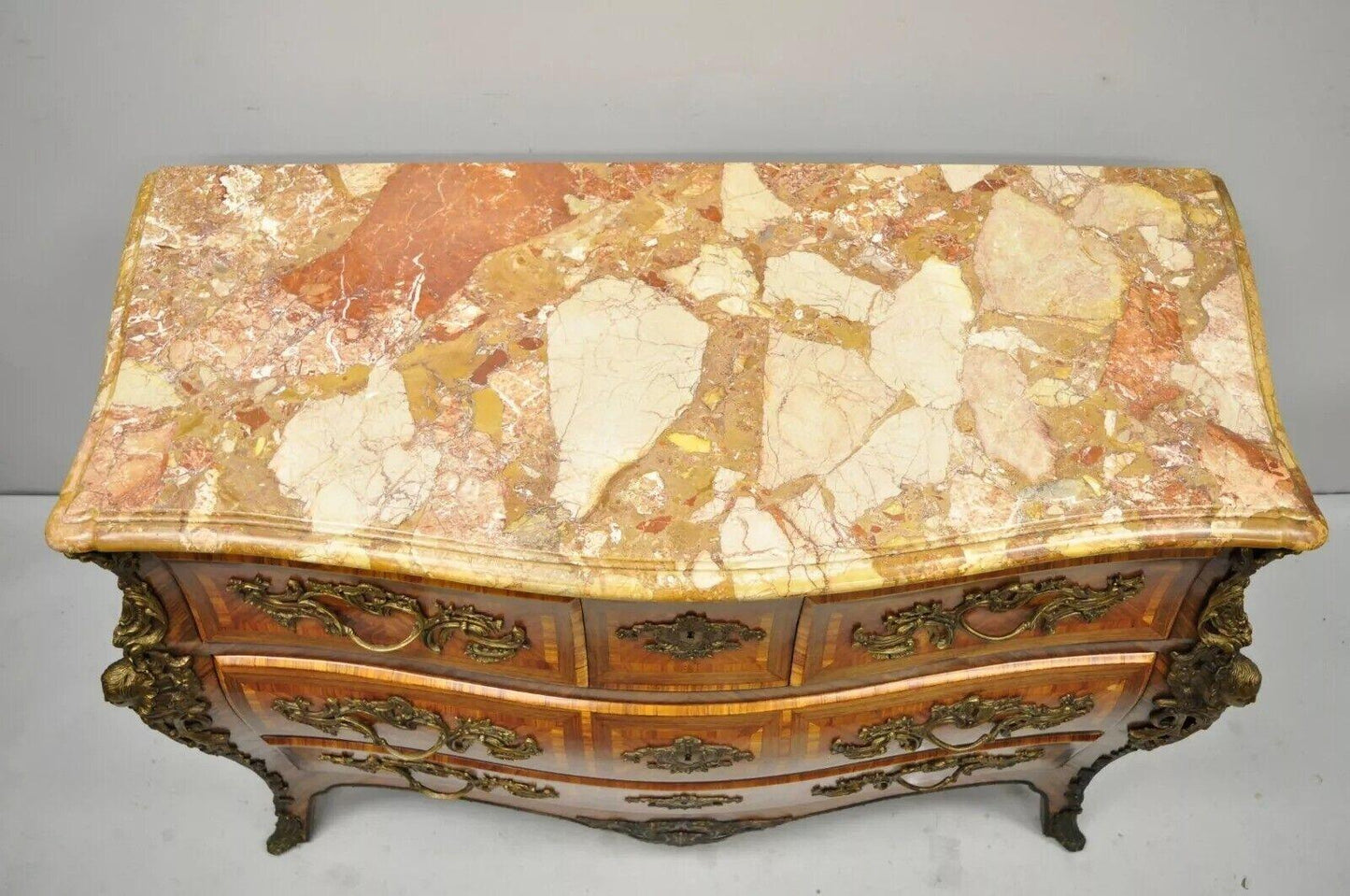 French Louis XV Style Inlaid Marble Top Bombe Commode Chest with Bronze Figures