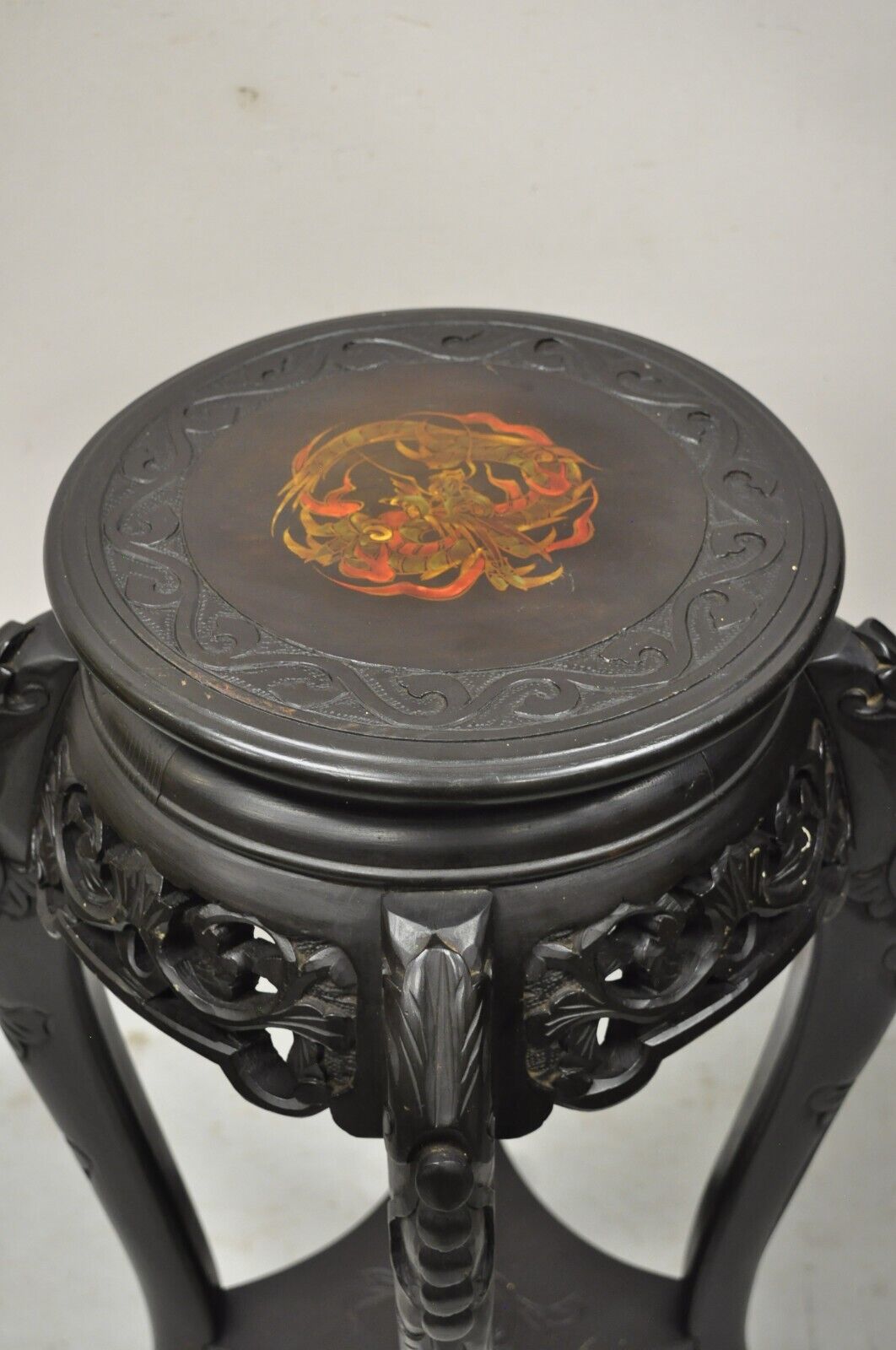 Japanese Carved Wood Black Ebonized 28" Plant Stand Side Table Lacquer Top