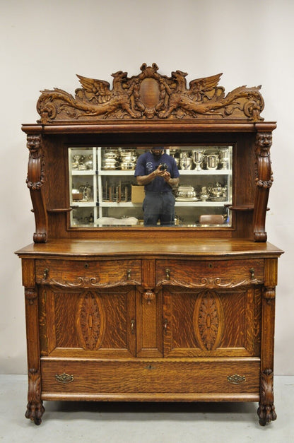 Antique Victorian Figural Lion & Griffin Carved Oak Wood Sideboard Buffet