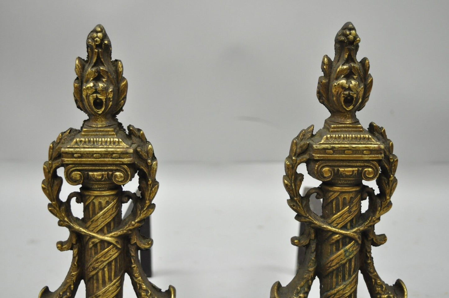 Pair of Small French Empire Louis XVI Style Brass Column & Flame Finial Andirons