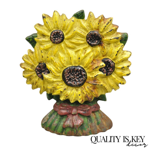 Antique Victorian Cast Iron Figural Yellow Sunflower Bouquet Painted Door Stop