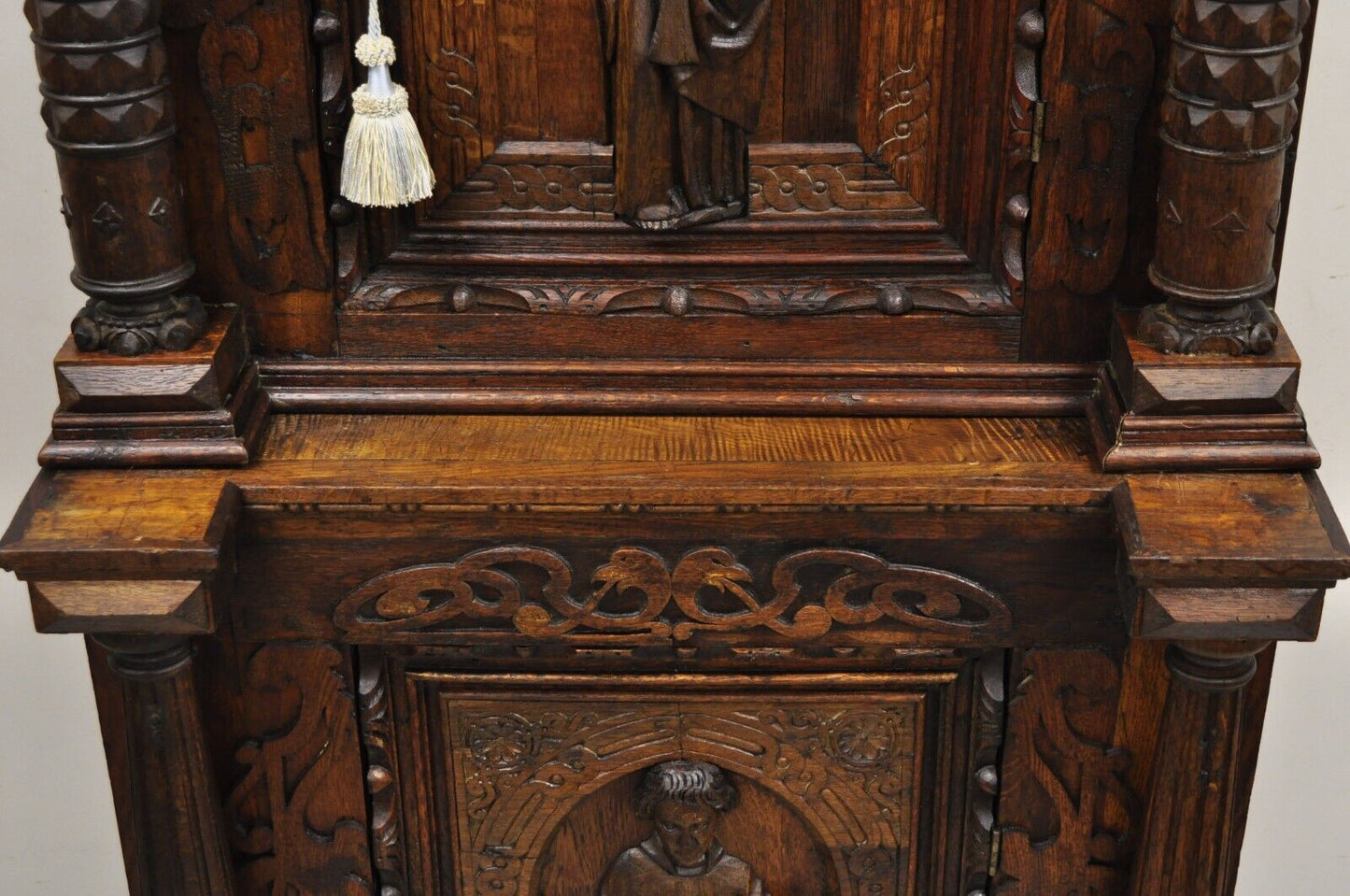 Antique Spanish Renaissance Figural Carved Oak Wood Religious Cupboard Cabinet