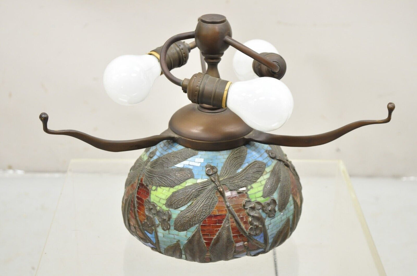 Tiffany Style Bronze and Leaded Stained Glass Blue Eye Dragonfly Table Lamp