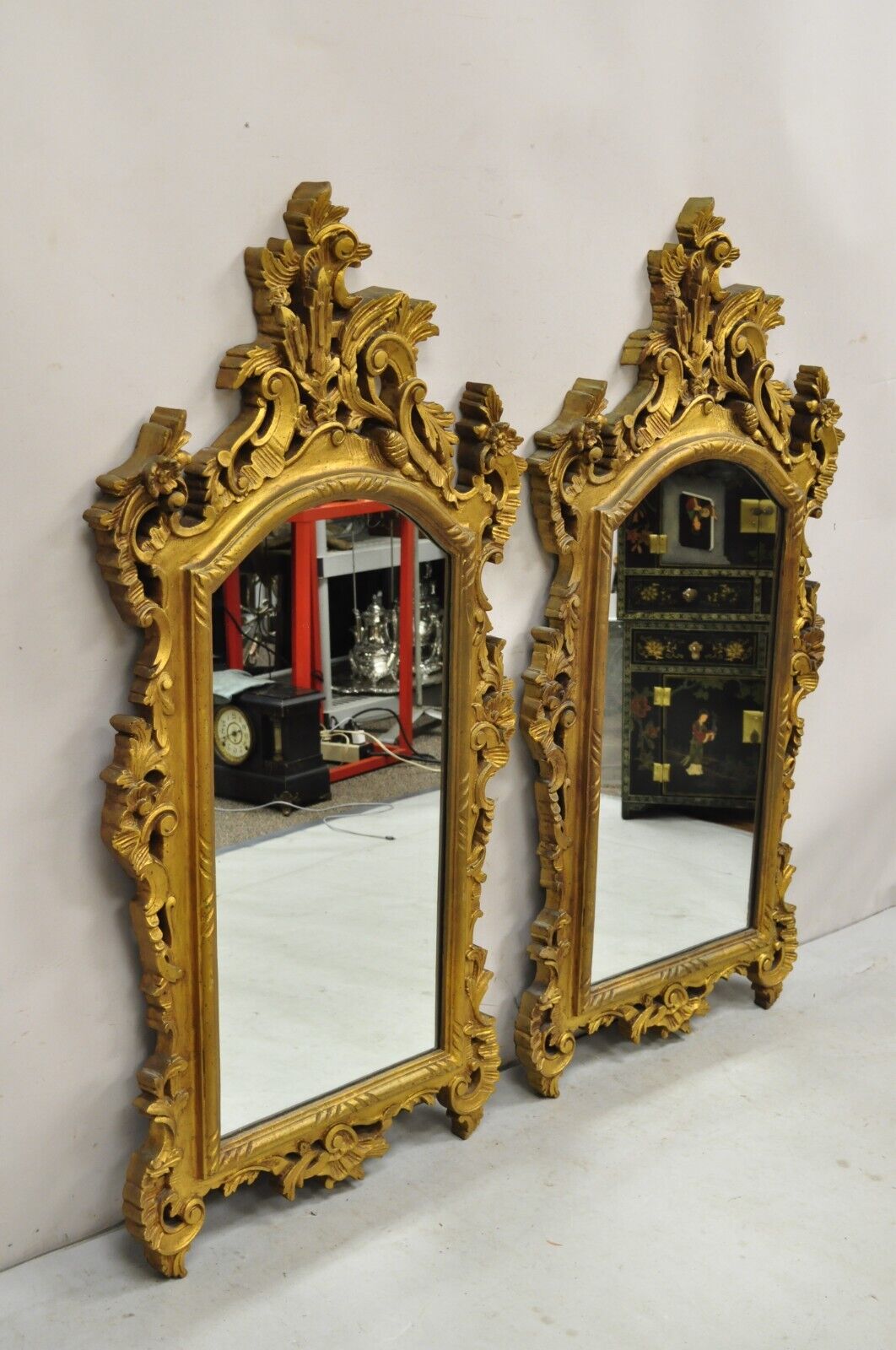 Vintage French Louis XV Rococo Style Ornate Gold Wall Mirrors - a Pair