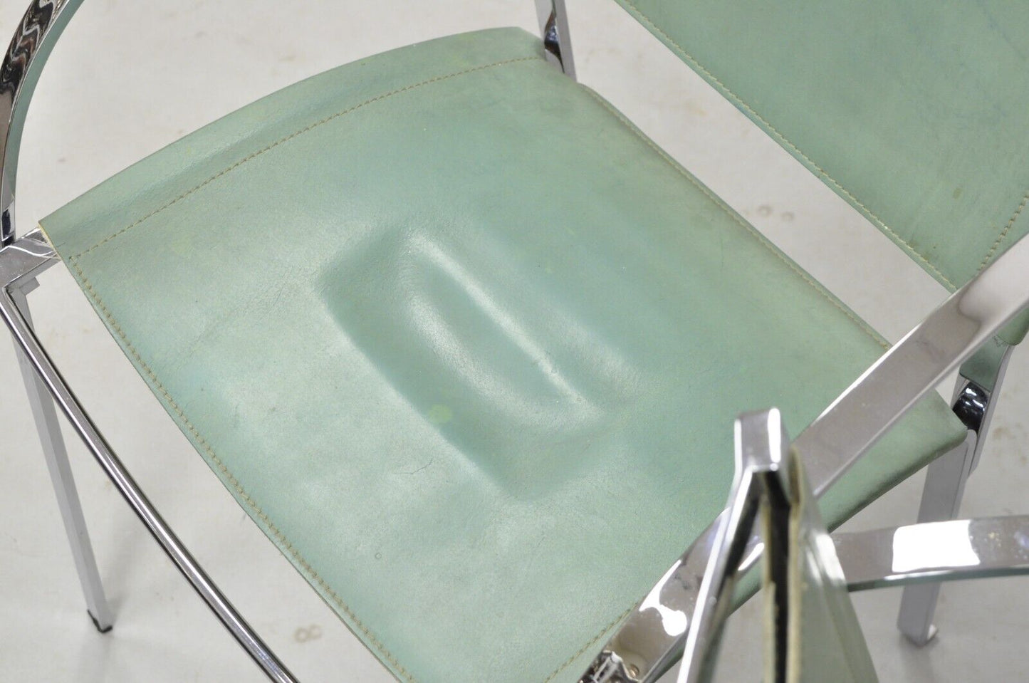 Italian Modern Naos Italy Teal Blue Leather Chrome "Corset" Arm Chairs - a Pair