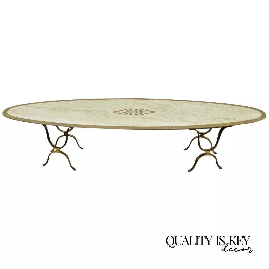 Italian Hollywood Regency Travertine & Brass Long Oval Surfboard Coffee Table