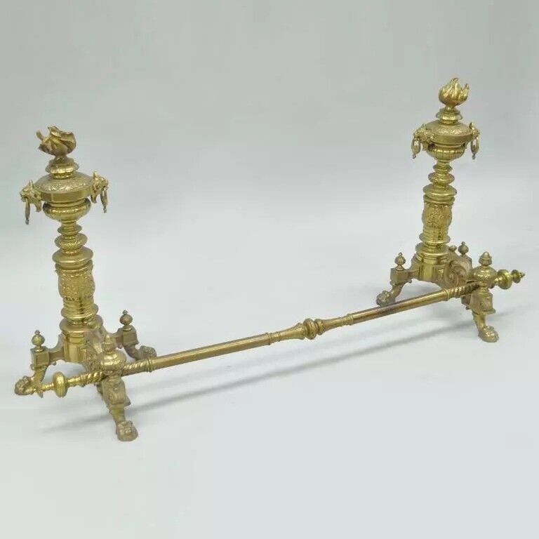 19th C. French Empire Neoclassical Flame & Lion Brass Paw Andirons & Bar - Pair