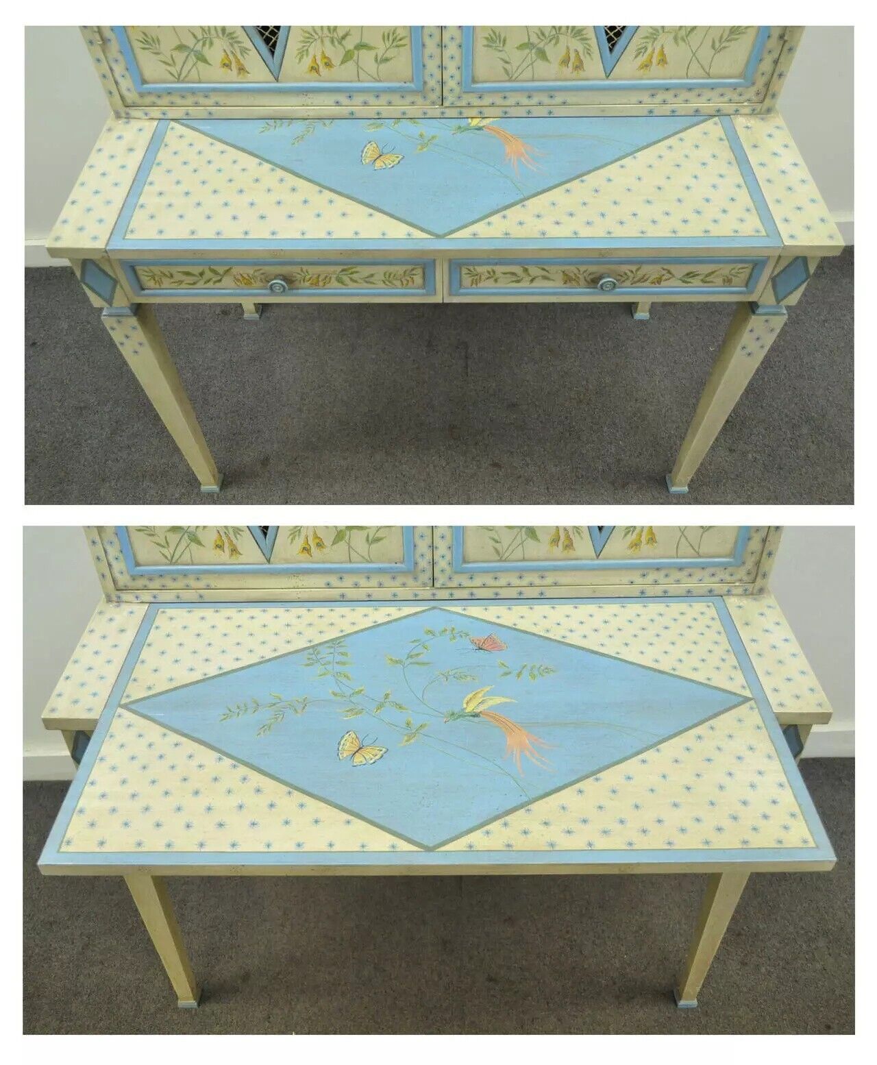 Vintage Chinoiserie Butterfly & Bird Custom Painted Tall Secretary Desk & Chair