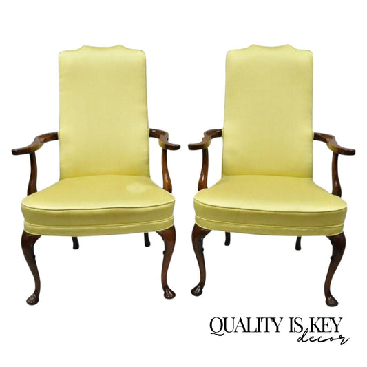 Vintage Southwood Queen Anne Style Mahogany Library Arm Chairs - a Pair