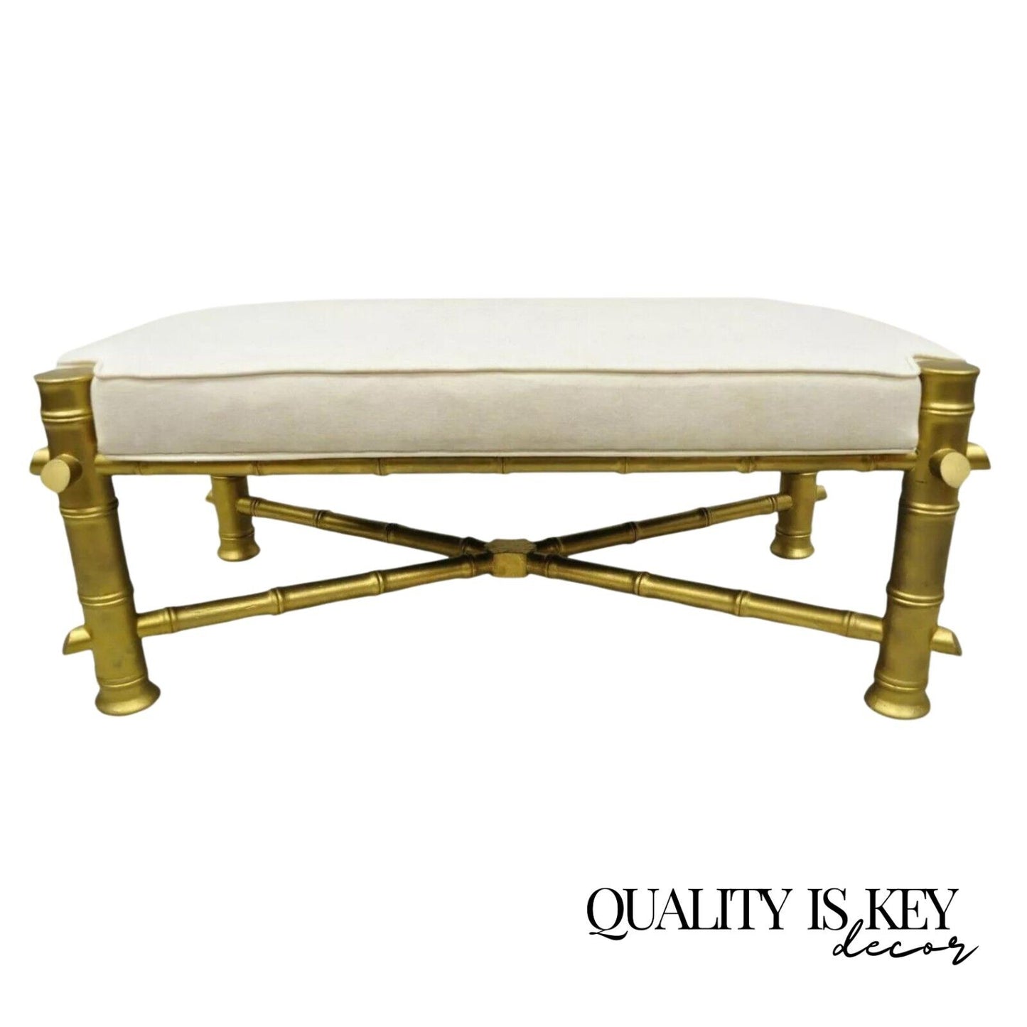 Vintage Hollywood Regency Gold Faux Bamboo Upholstered X-Frame Carved Wood Bench