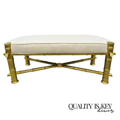 Vintage Hollywood Regency Gold Faux Bamboo Upholstered X-Frame Carved Wood Bench