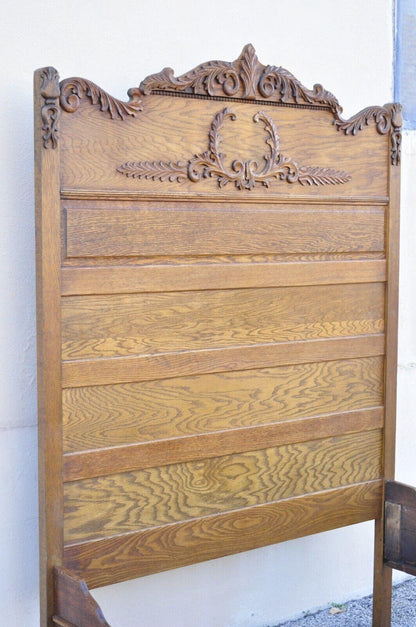 Antique Eastlake Victorian Oak Wood Tall Headboard Full Size Bed Frame