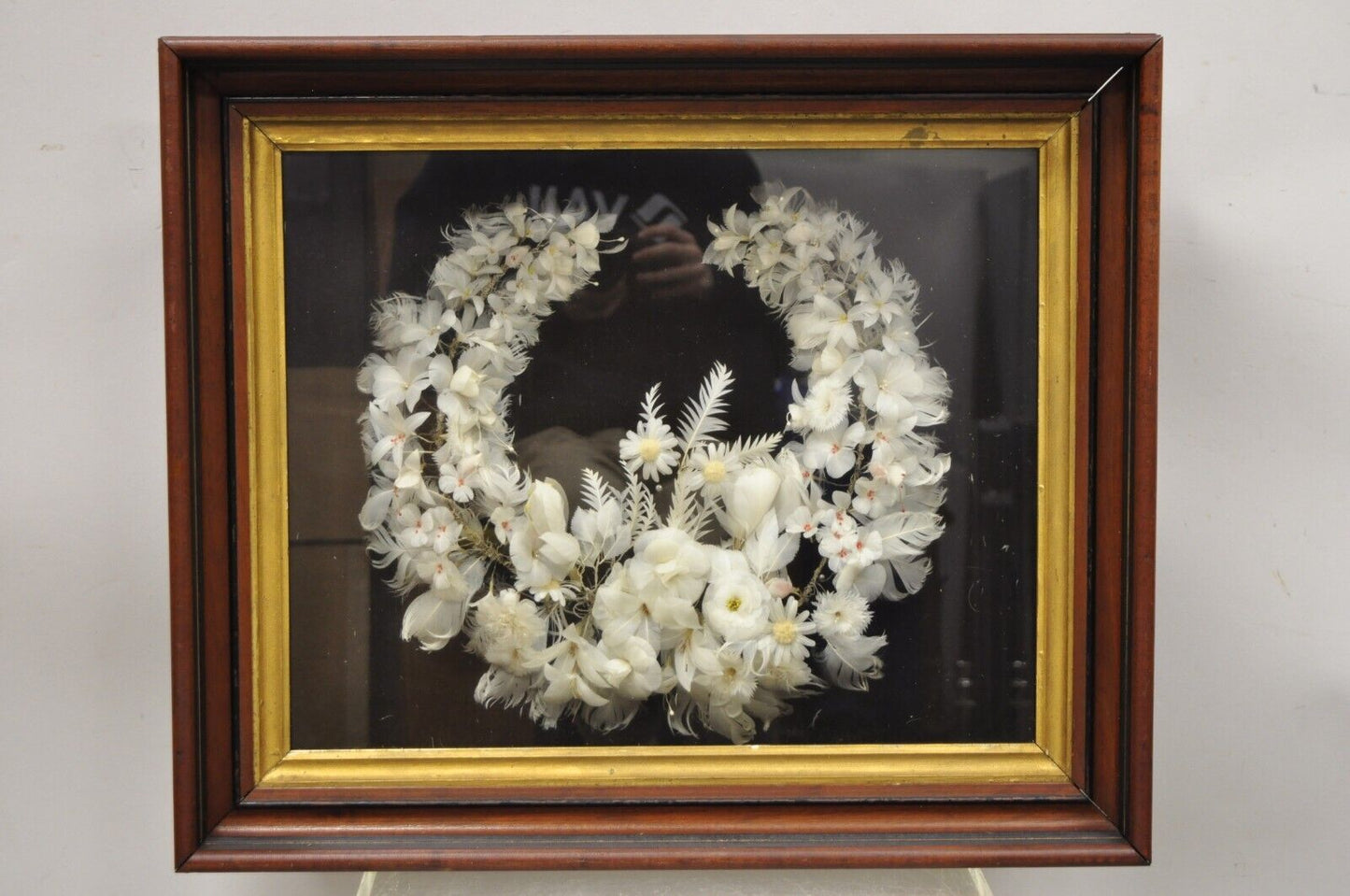 Antique Victorian White Feather Flower Mourning Wreath Mahogany Shadow Box Frame