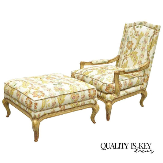 Nancy Corzine French Provincial Louis XV Style Bergere Lounge Chair and Ottoman