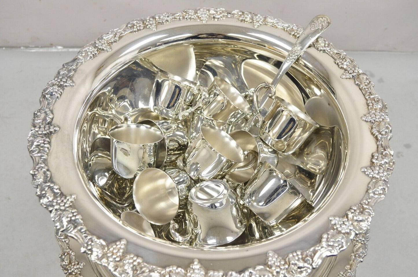 Vintage Victorian Style Silver Plated Grapevine Punch Bowl Set 12 Cups - 15 pcs