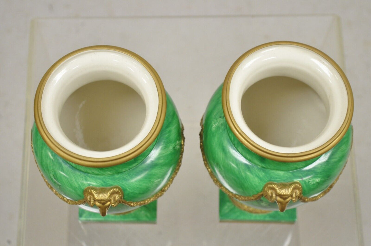 Chelsea House Italian Regency Ram Green Malachite Painted Porcelain Urn - a Pair