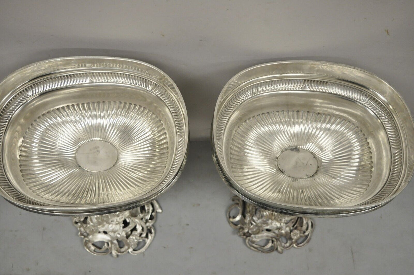 French Rococo Style Silver Plated Cherub Dome Centerpiece Fruit Bowls - a Pair