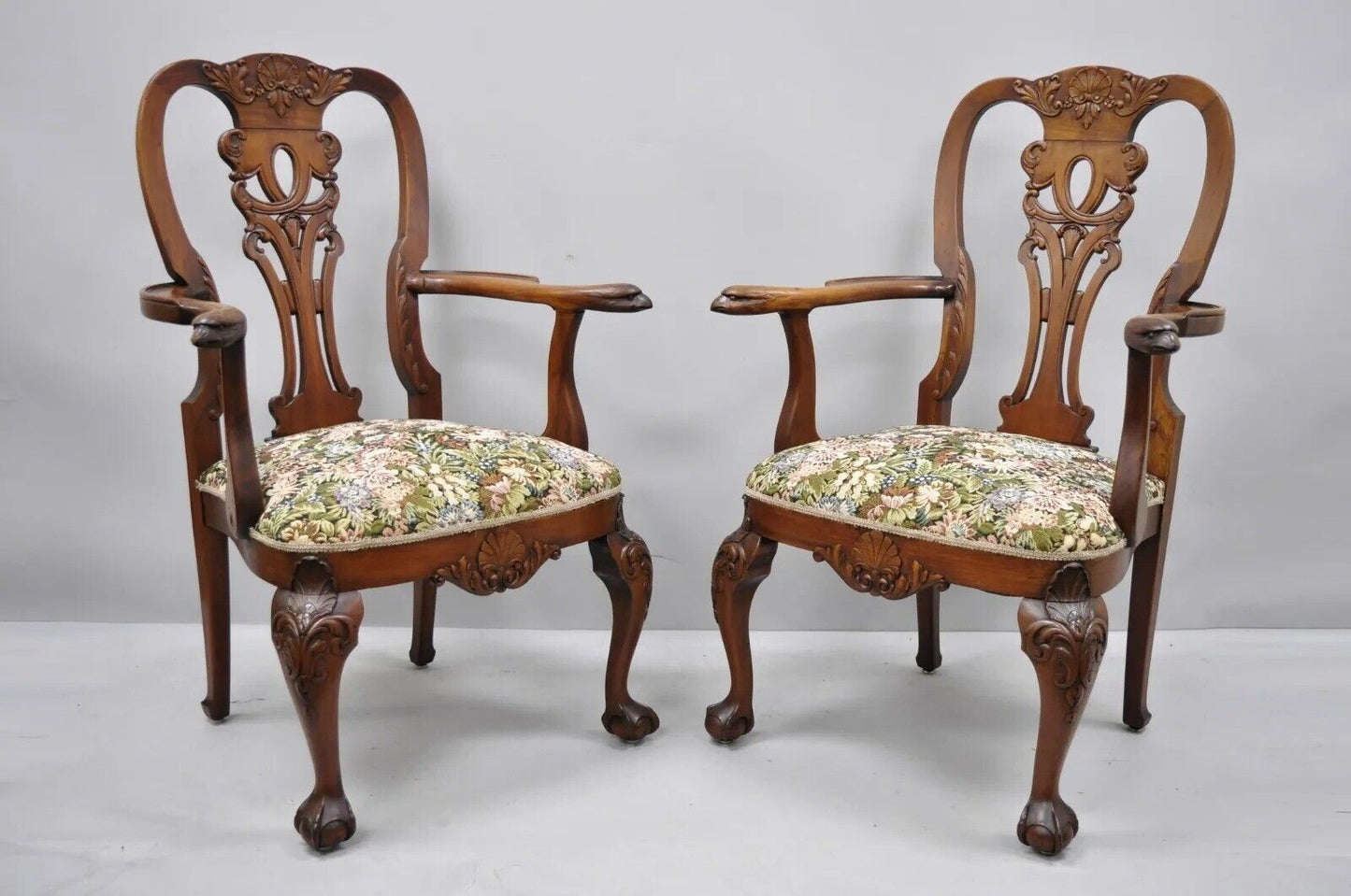 Antique Georgian Style Mahogany Carved Eagle Heads Dining Arm Chairs - a Pair