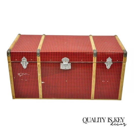 Vintage Art Deco Wood and Tin Metal Wrapped Red Faux Cane Wicker Chest Trunk Box