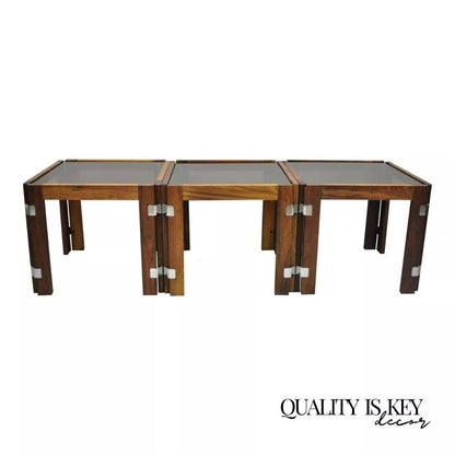 Interior Form Mid Century Danish Modern Rosewood & Glass Side Tables - 3 Pcs